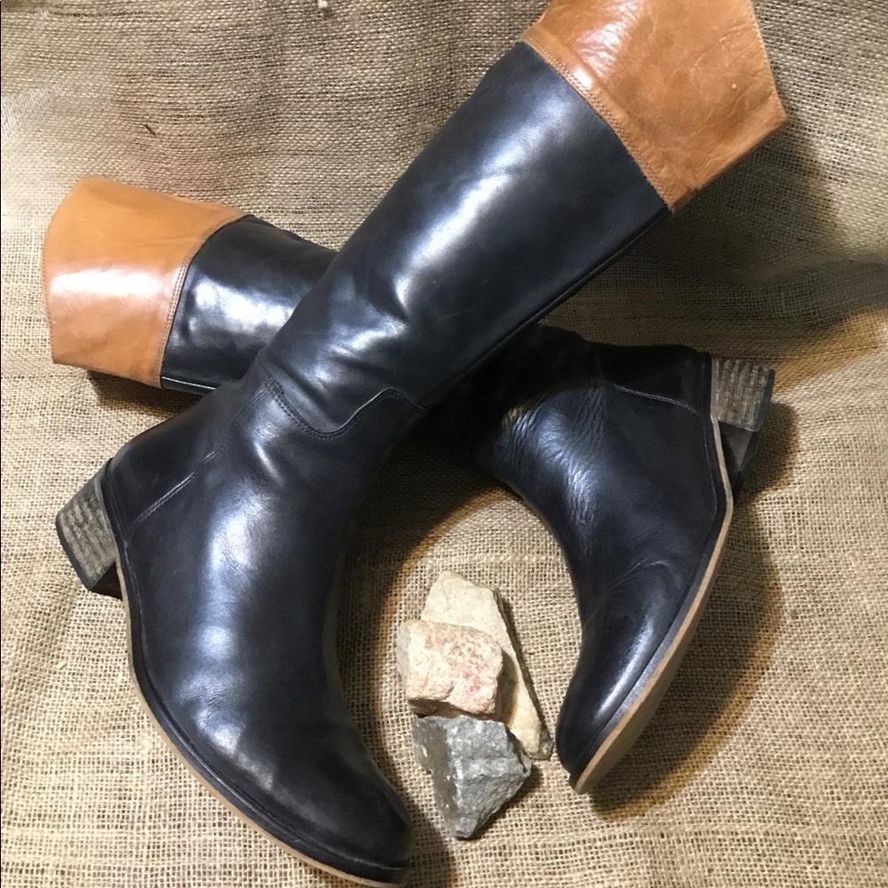 Jeffrey Campbell Two-Tone Black and Tan Leather Heeled Knee Boots